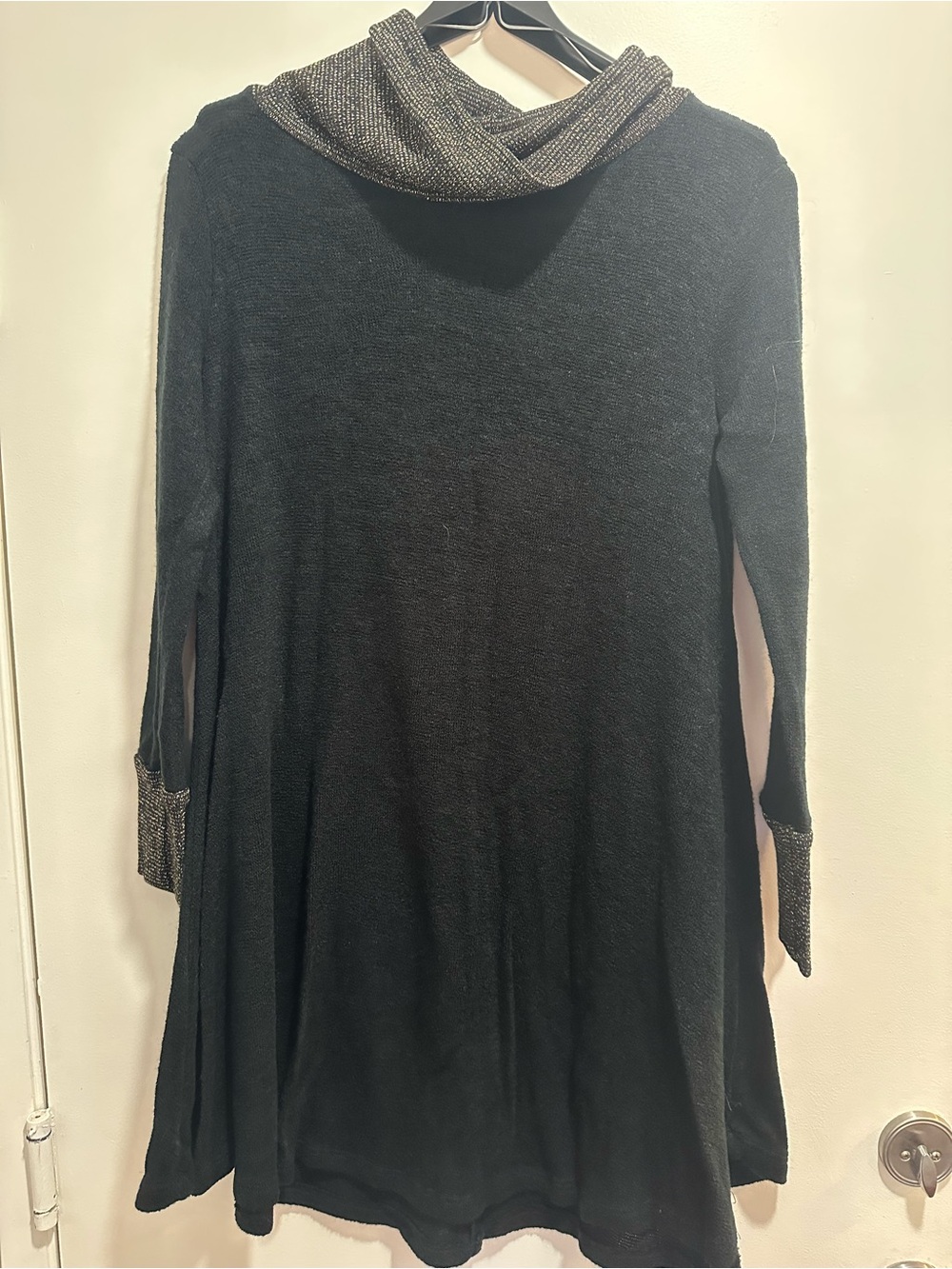 Black Long-Sleeve Swing Dress with Metallic Cowl Neck